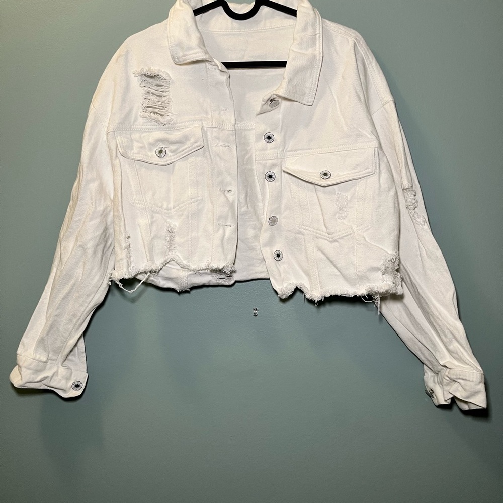 white distressed cropped denim jacket